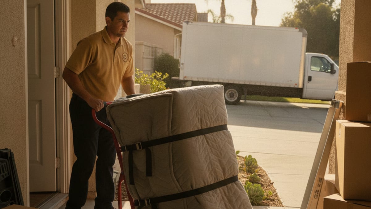 A mover in a golden tan polo wheeling a blanket-wrapped washing machine strapped to a red appliance dolly out the side door of a San Diego home