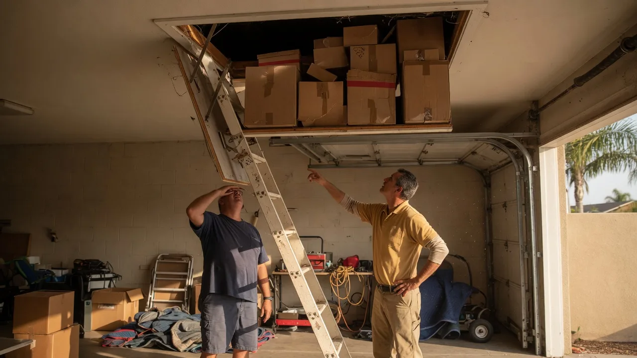 Homeowner and mover at a pull-down attic ladder looking up at stored boxes