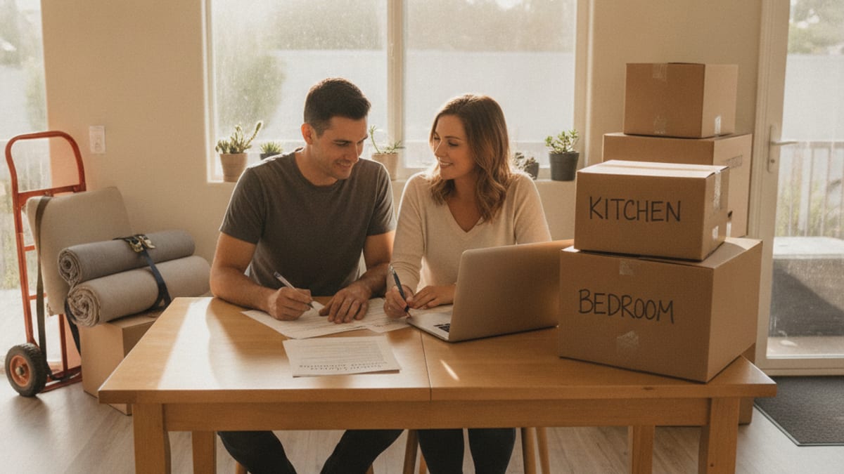 San Diego couple at a sunlit kitchen table filling out a change of address checklist next to moving boxes