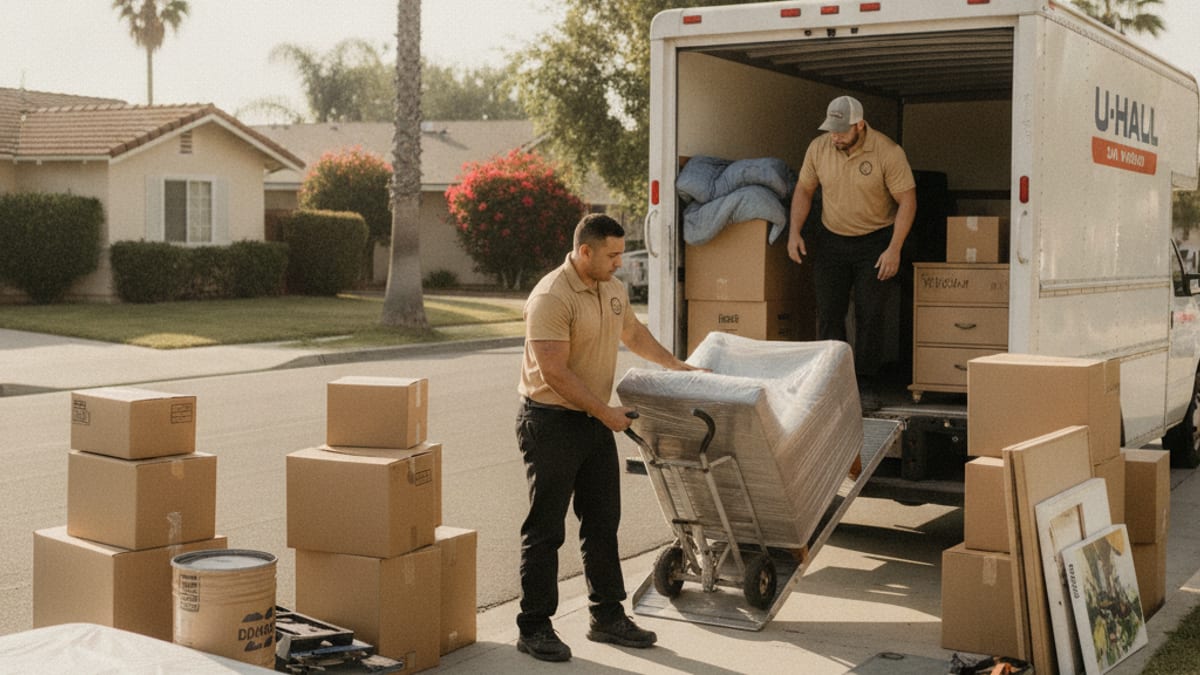 Two Master Movers San Diego movers in golden tan polos loading a small U-Haul on a quiet San Diego street on a weekday morning