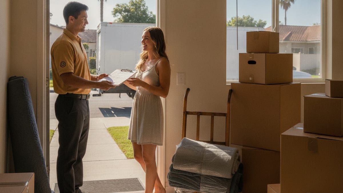 Mover handing a customer a written hourly estimate on a clipboard in a San Diego apartment doorway