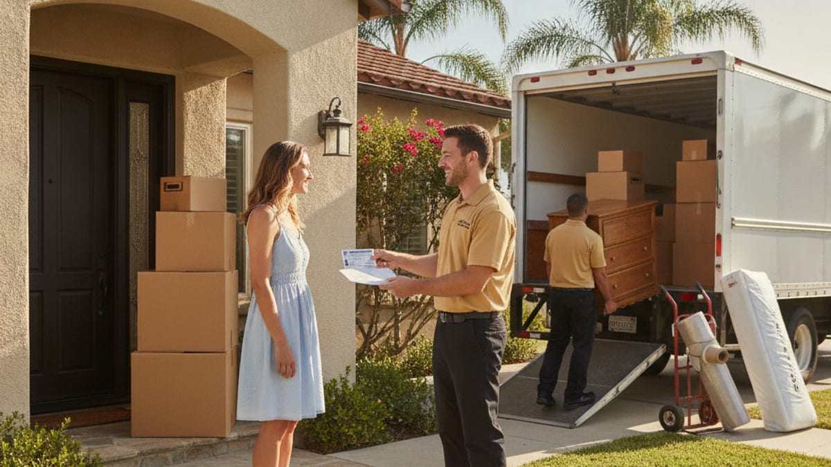 Mover in a golden tan polo handing a homeowner a printed license card and estimate at the front door of a San Diego home