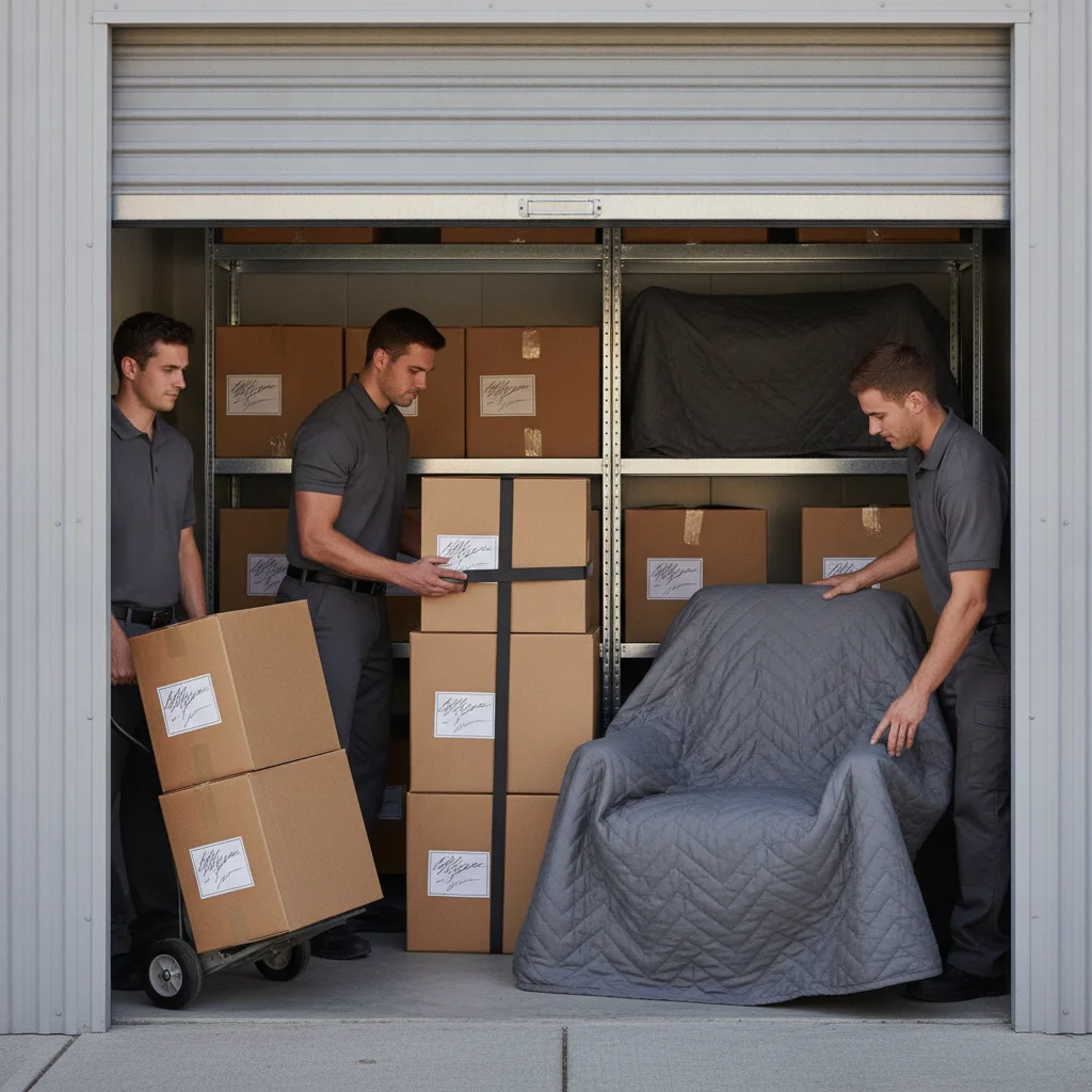 Labeled moving boxes and a wrapped armchair inside a clean storage unit