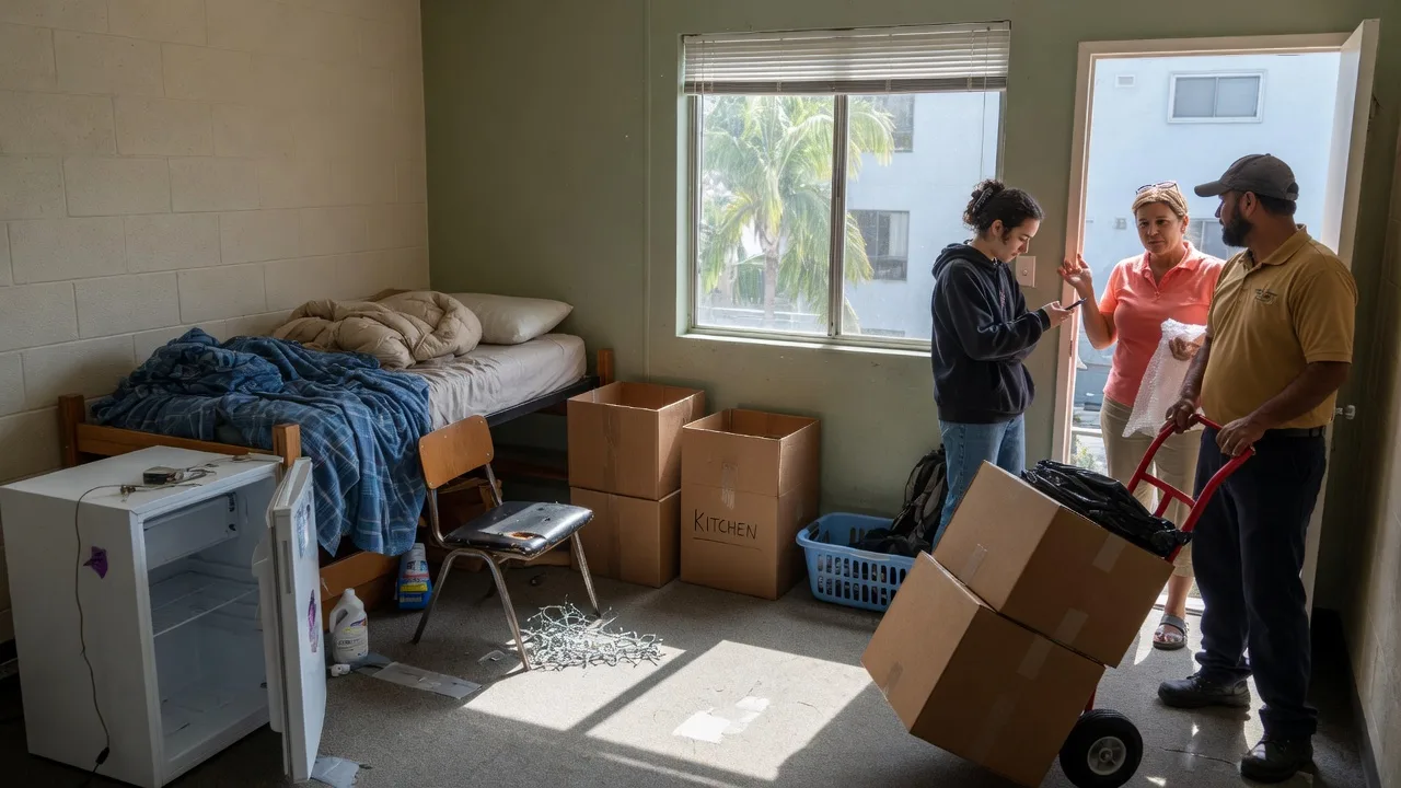 Student, parent, and mover in a small dorm room with boxes and a mini fridge