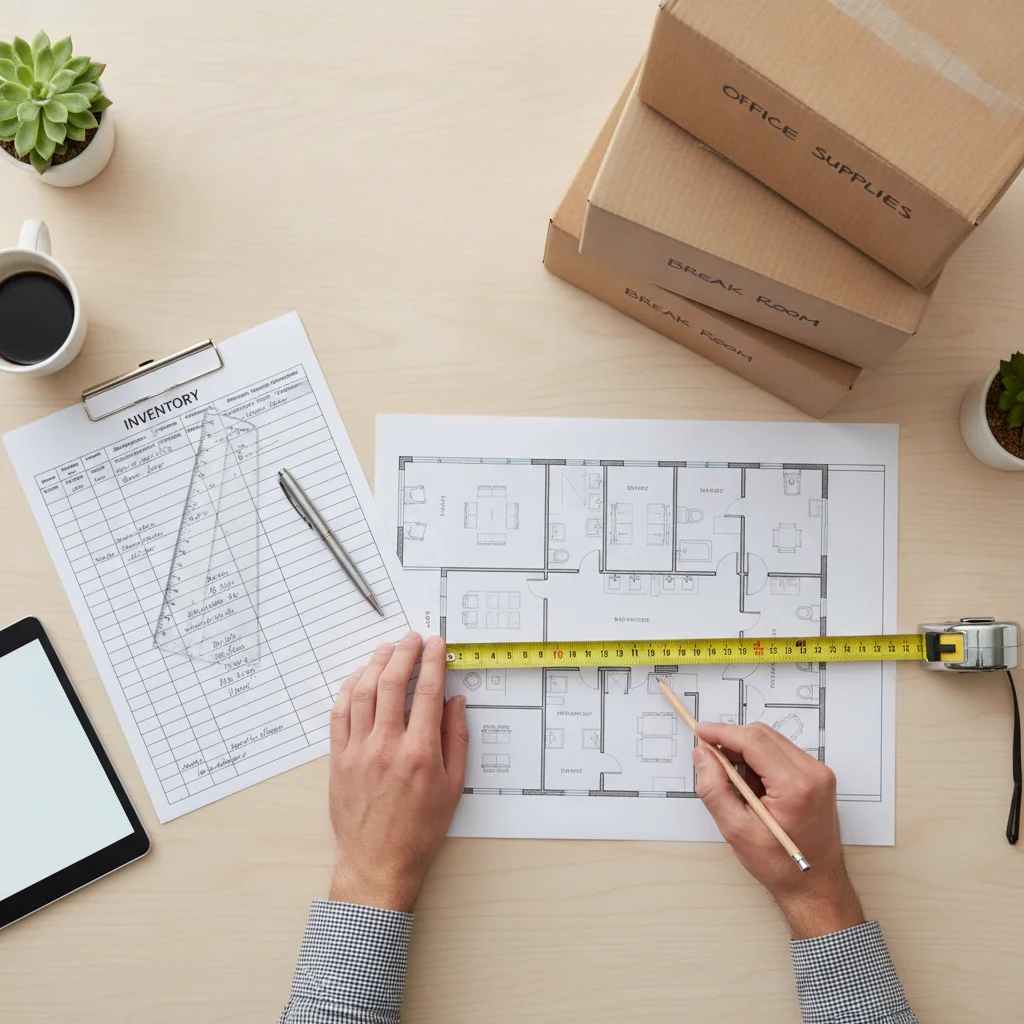 Overhead editorial image of an office inventory checklist, floor plan, labeled b