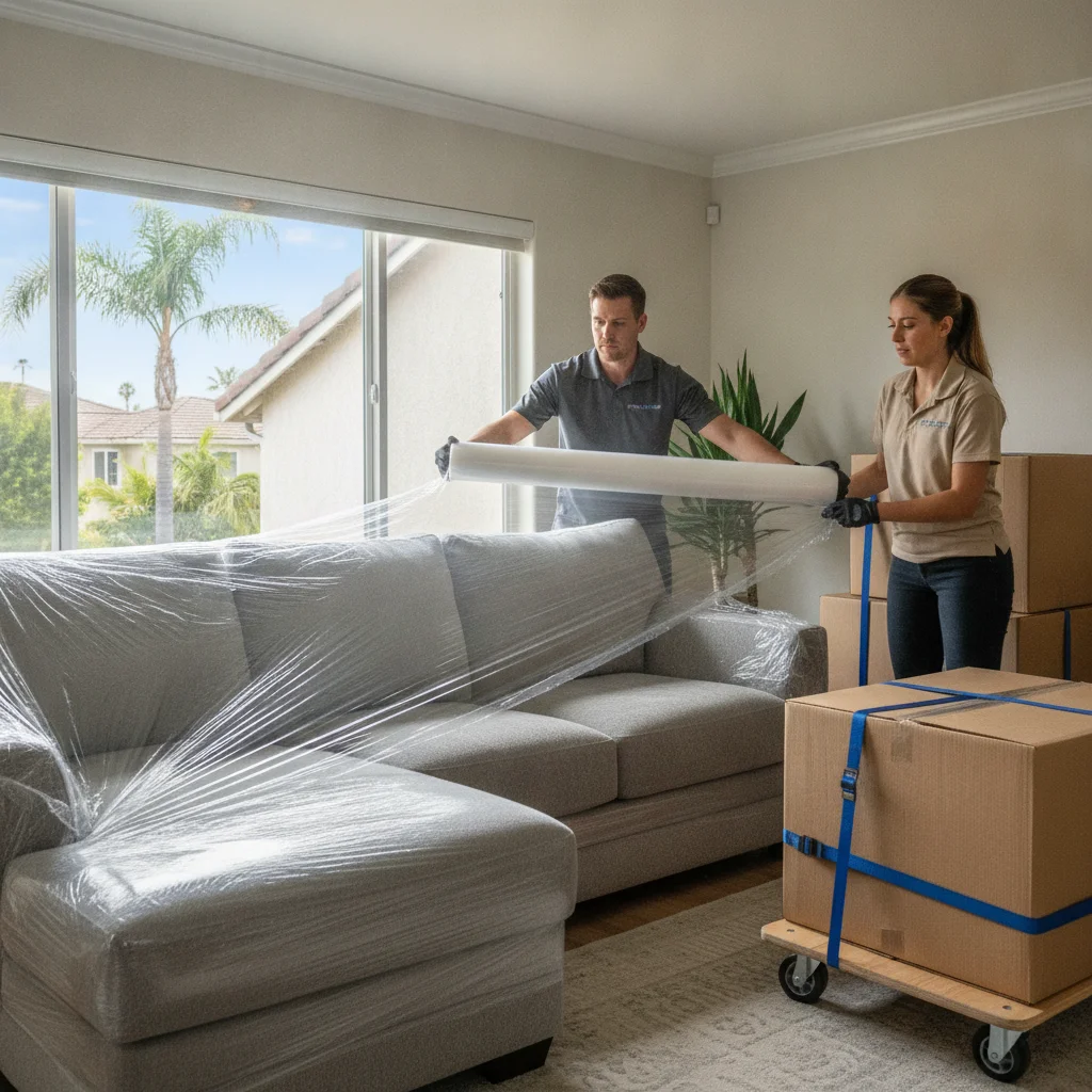 Movers wrapping a sectional sofa in a San Diego living room