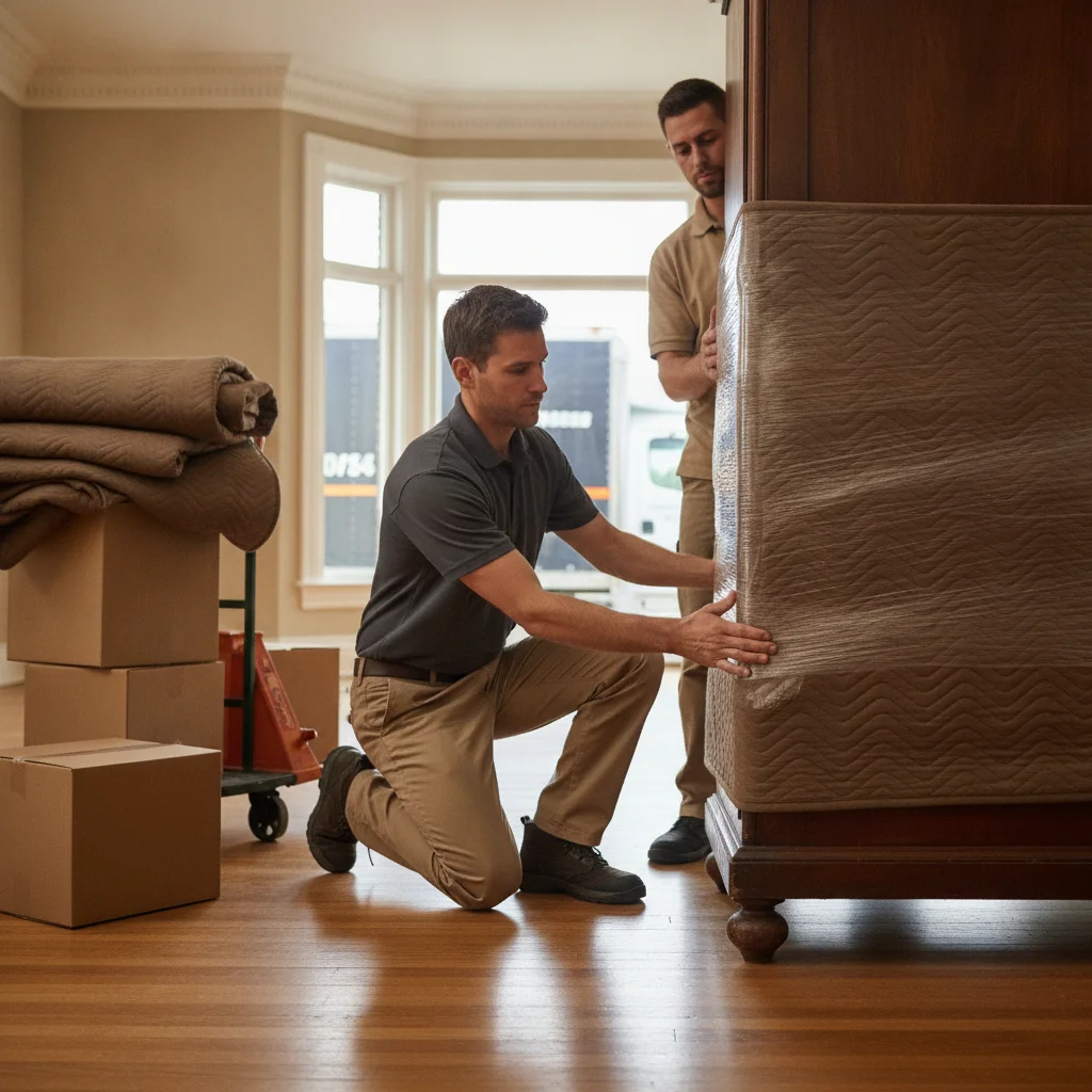 Mover protecting a wooden armoire with blankets and stretch wrap