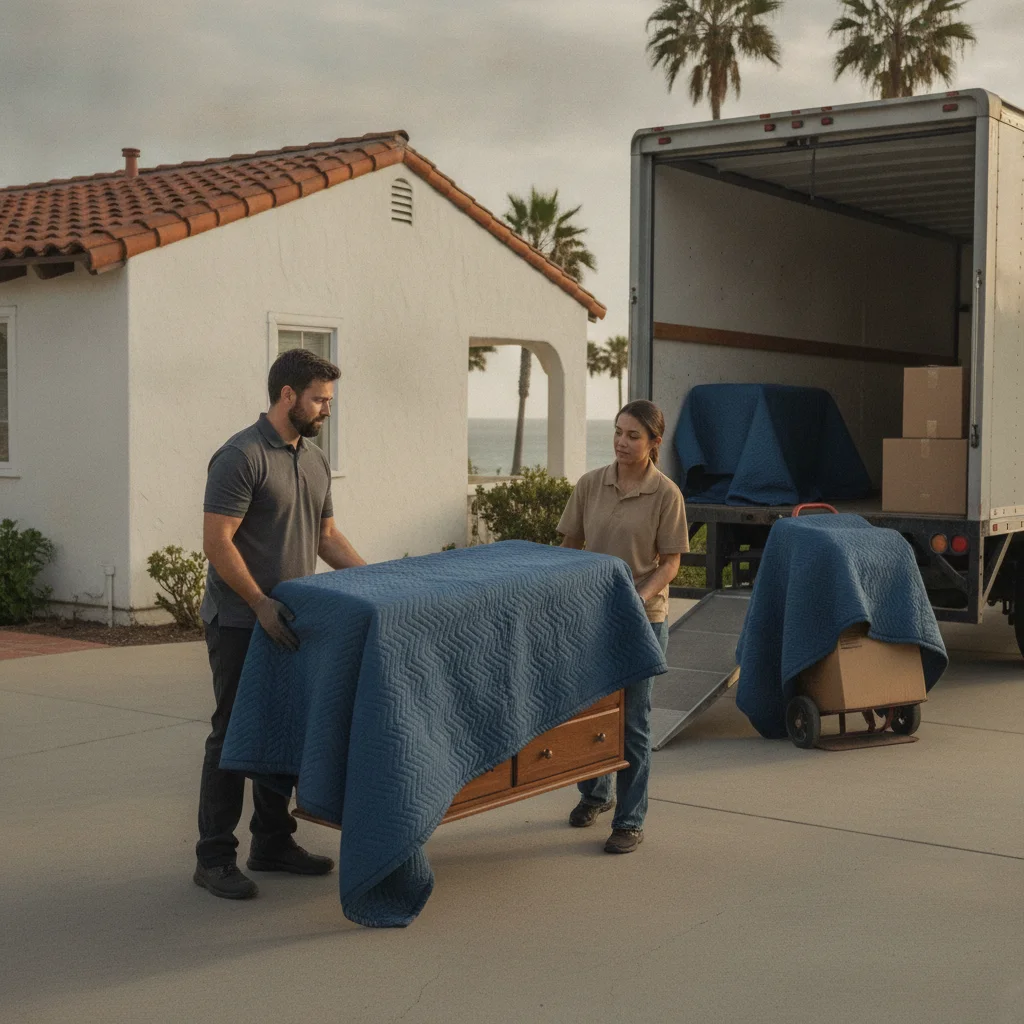 Movers carrying a wrapped dresser outside an Encinitas home
