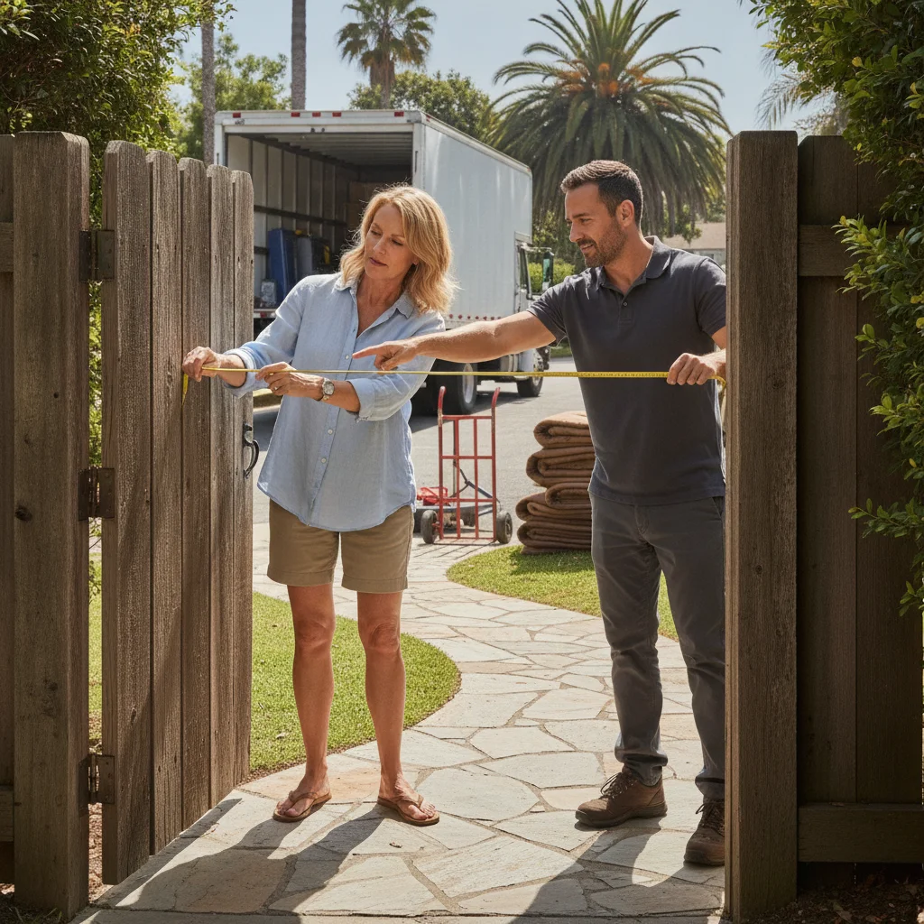 Homeowner and mover measuring a residential gate in Encinitas