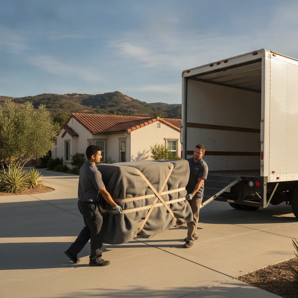 Movers carrying a wrapped dresser toward a truck outside a San Marcos home