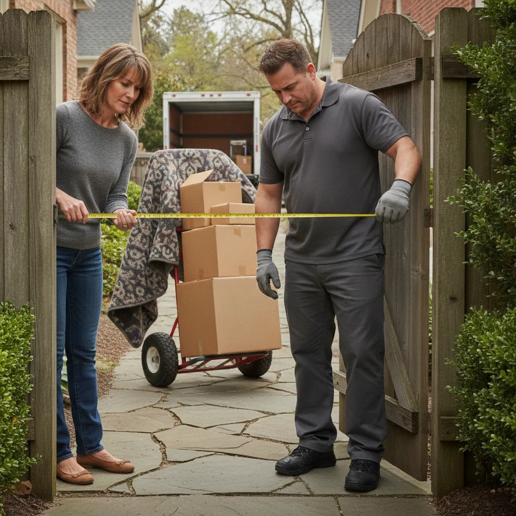 Homeowner and mover measuring a residential side gate in San Marcos
