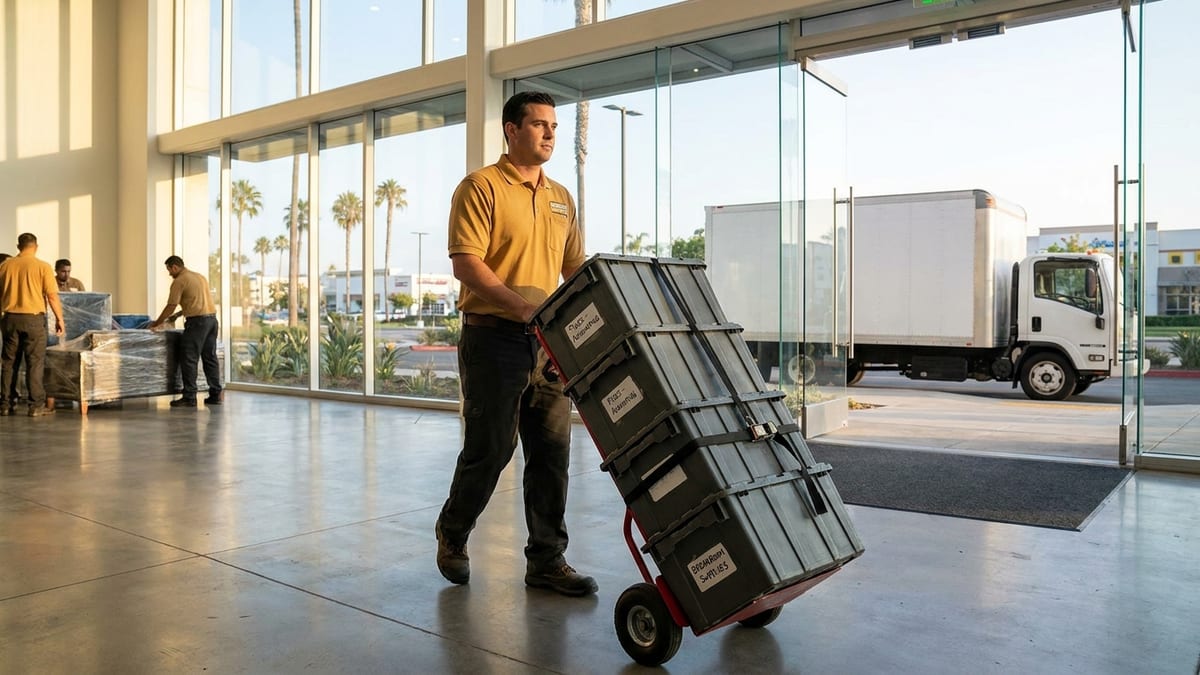 Mover in a golden tan polo wheeling labeled crates through a modern San Diego office lobby