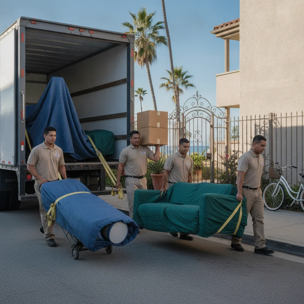 Movers carrying wrapped furniture through an apartment entry gate in Encinitas