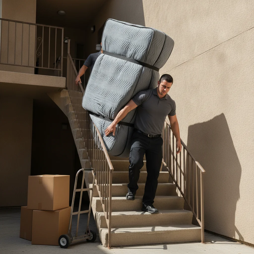 Mover carrying a wrapped mattress up an exterior apartment staircase
