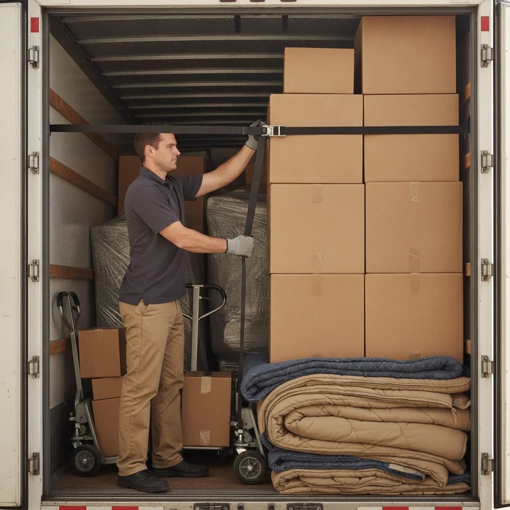 Mover securing furniture pads and boxes inside a moving truck