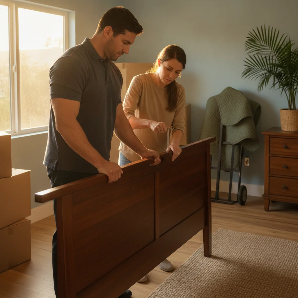 Mover and homeowner removing a wooden bed frame side rail