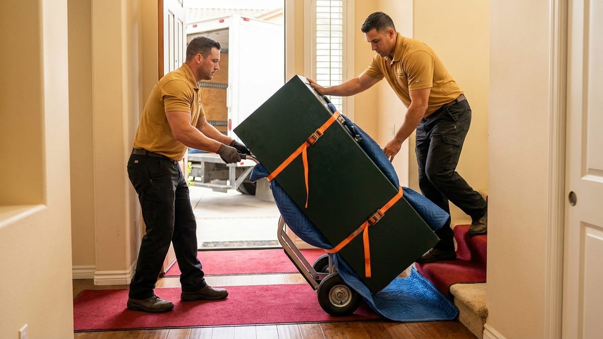 Movers in golden tan polos moving a heavy gun safe on a stair-climbing dolly with floor protection