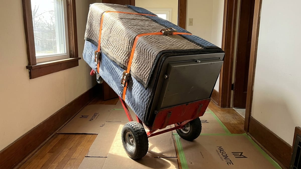 Close-up of a heavy safe strapped to a dolly with moving straps and blankets
