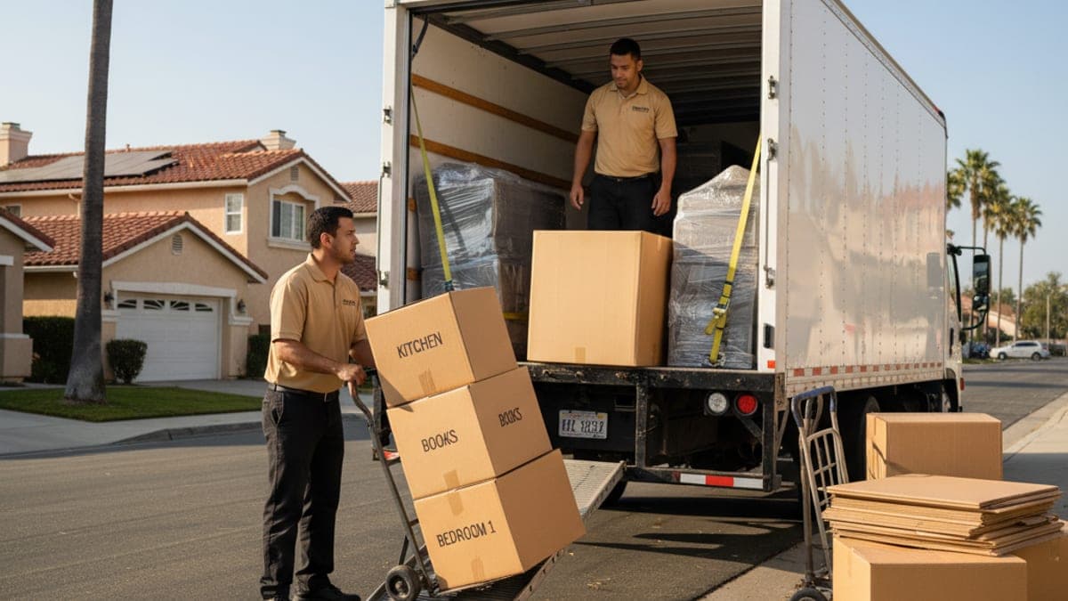Master Movers San Diego truck pulling up to a San Diego apartment with two movers stepping out for a same-day load