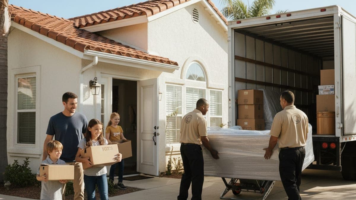 Marine family unloading a moving truck in front of base housing at Camp Pendleton with a Master Movers San Diego crew assisting