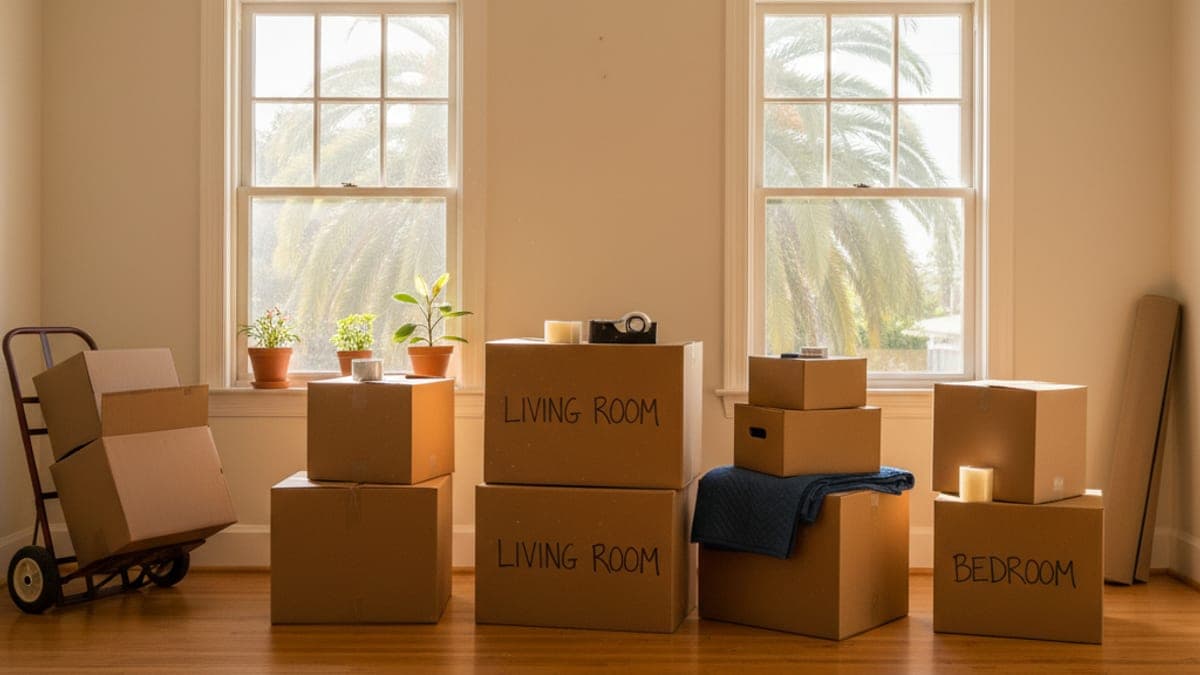 A packer wrapping fragile kitchenware in paper and boxing it inside a San Diego apartment kitchen