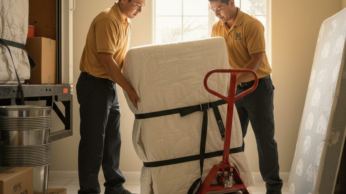Master Movers San Diego movers carrying a wrapped mattress down an exterior apartment stairwell in a San Diego complex