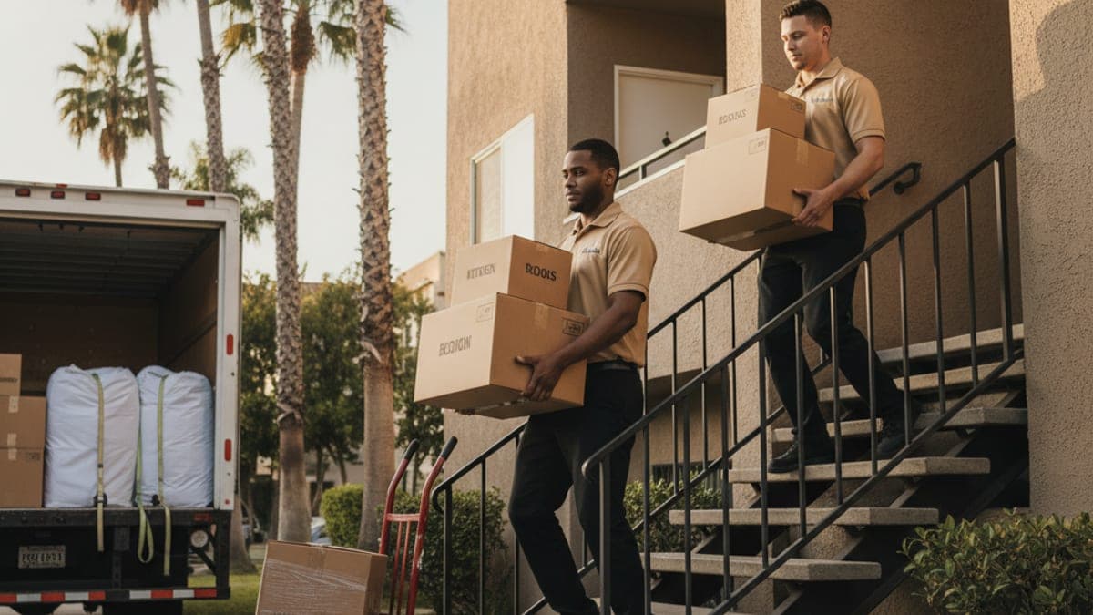Two Master Movers San Diego movers in tan polos loading wrapped furniture into a customer's rented moving truck on a San Diego street