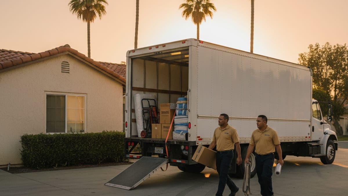 A San Diego couple checking off a moving checklist next to packed boxes in a sunlit living room