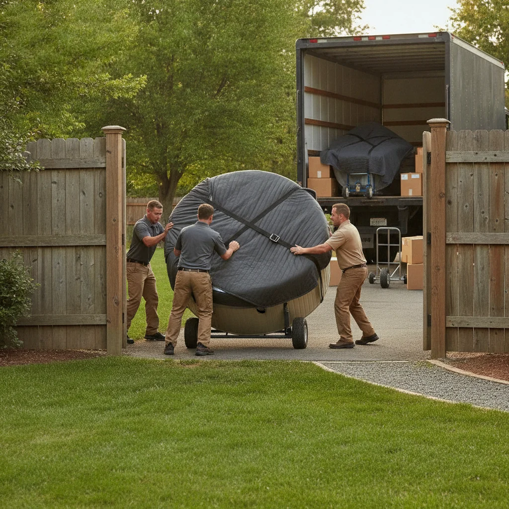 Movers guiding a hot tub through a backyard gate