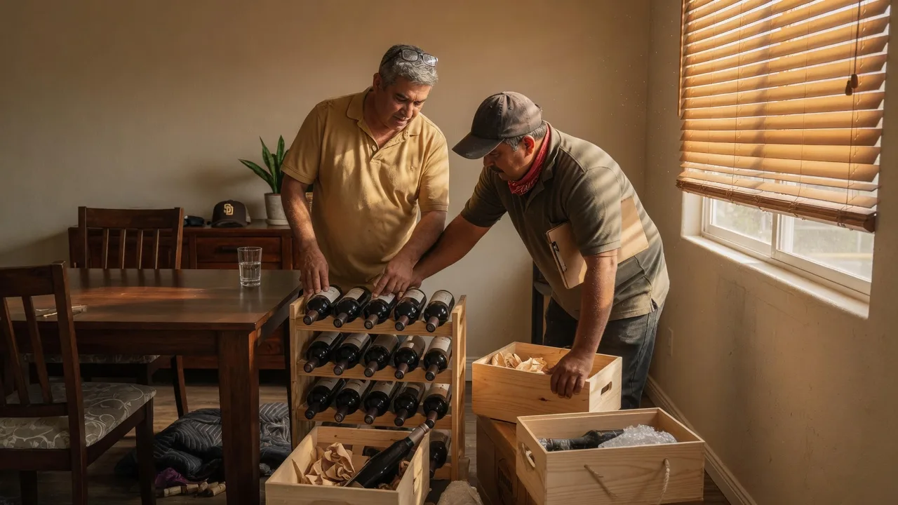 Homeowner and specialty mover inspecting a household wine rack and carry path