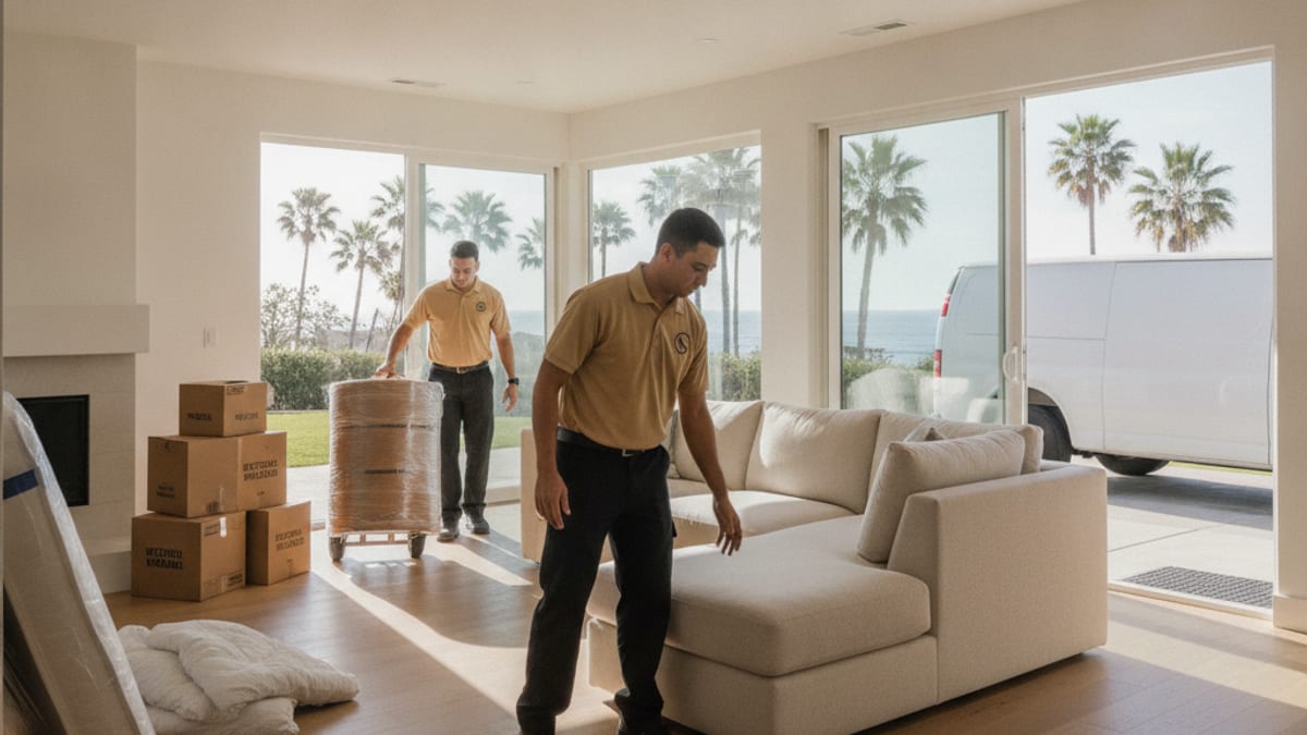 Mover in a golden tan polo carefully placing a staged sofa in a bright San Diego living room ahead of a listing photo shoot