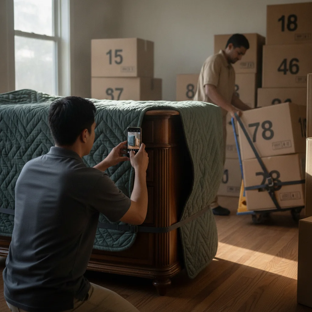 Person photographing a wrapped dresser among numbered moving boxes