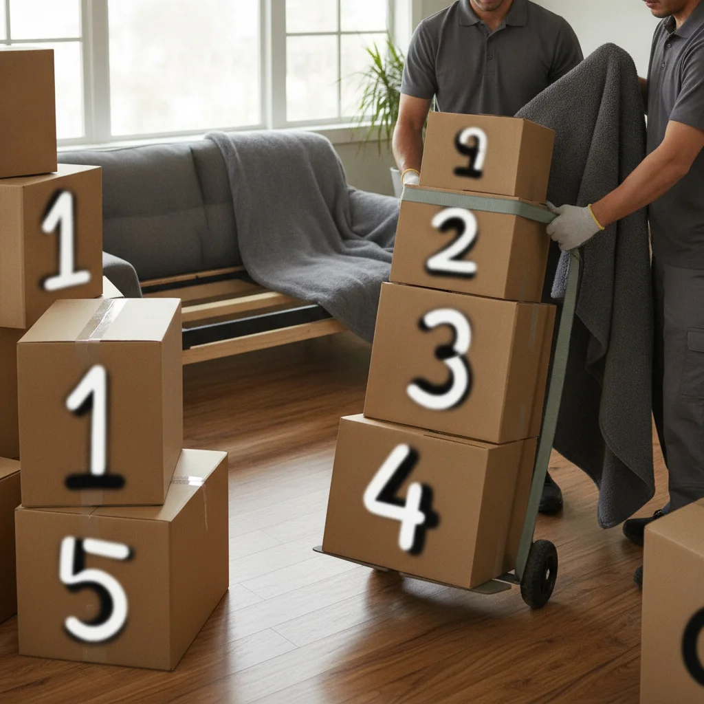 Numbered tape labels on stacked moving boxes
