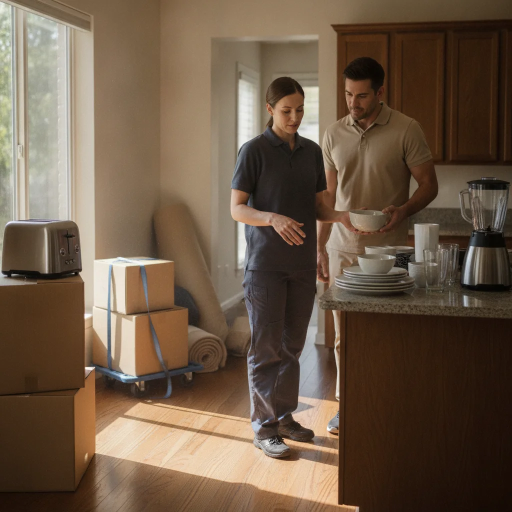 Independent packer and homeowner reviewing kitchen items before packing