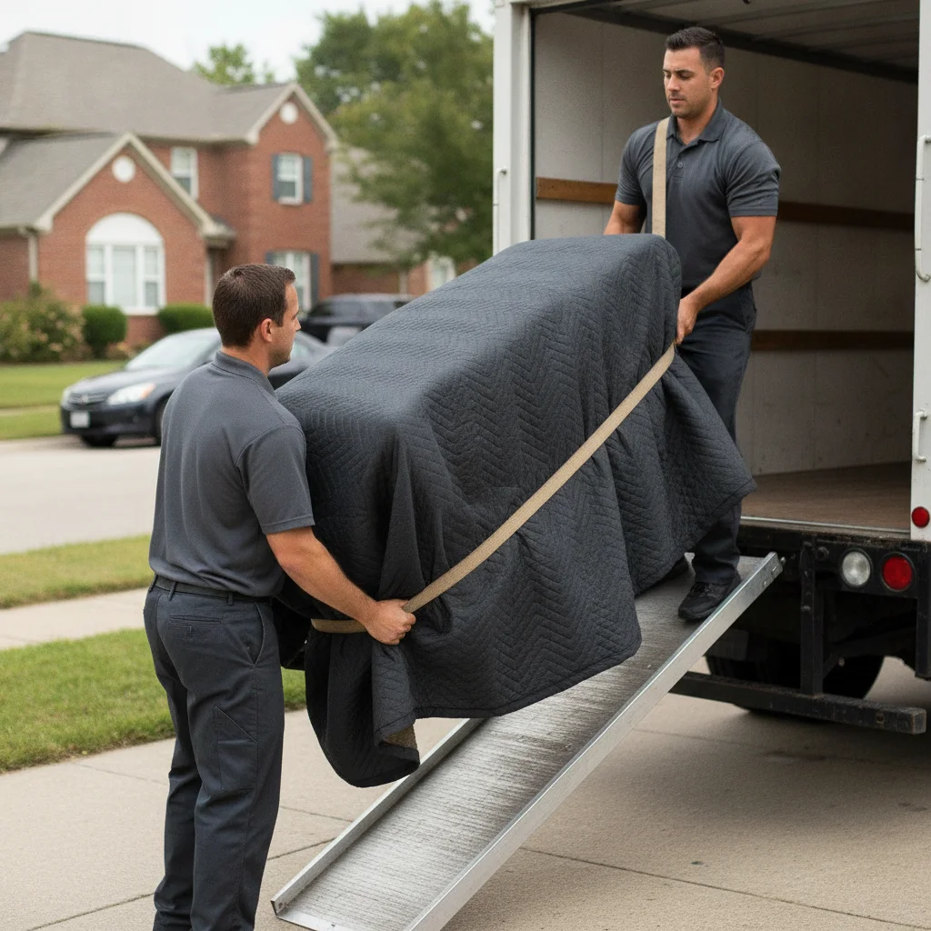Movers loading a wrapped dresser into a customer-rented truck