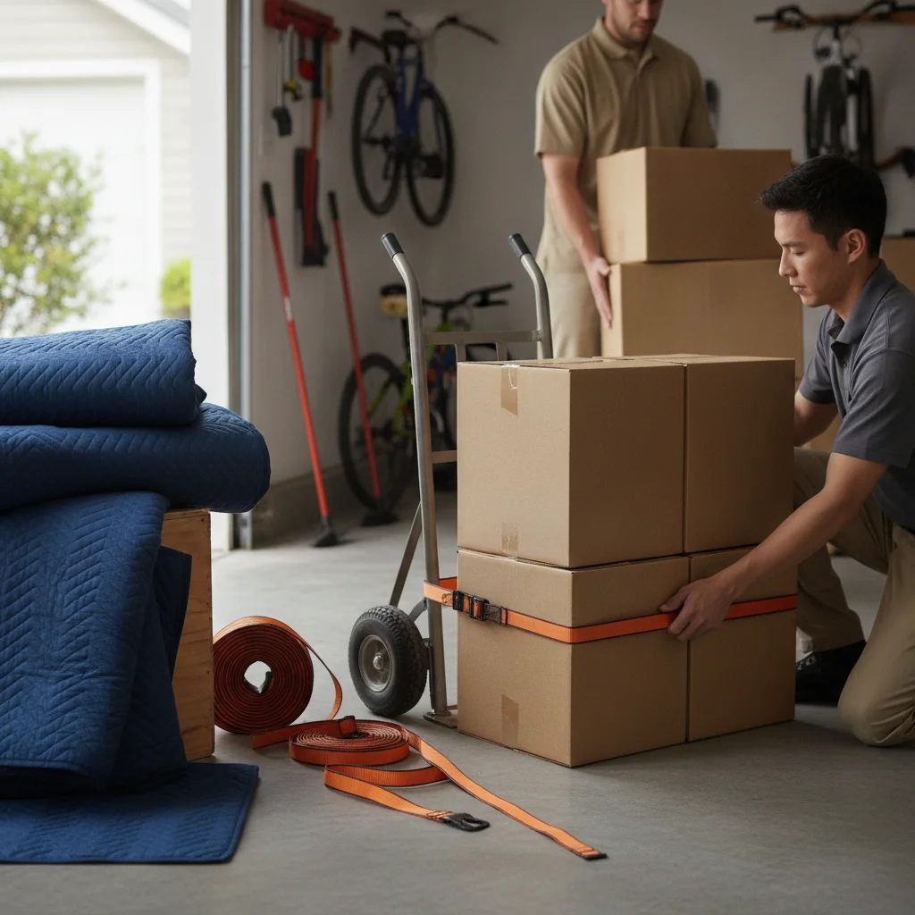 Moving pads, straps, a hand truck, and packed boxes in a garage