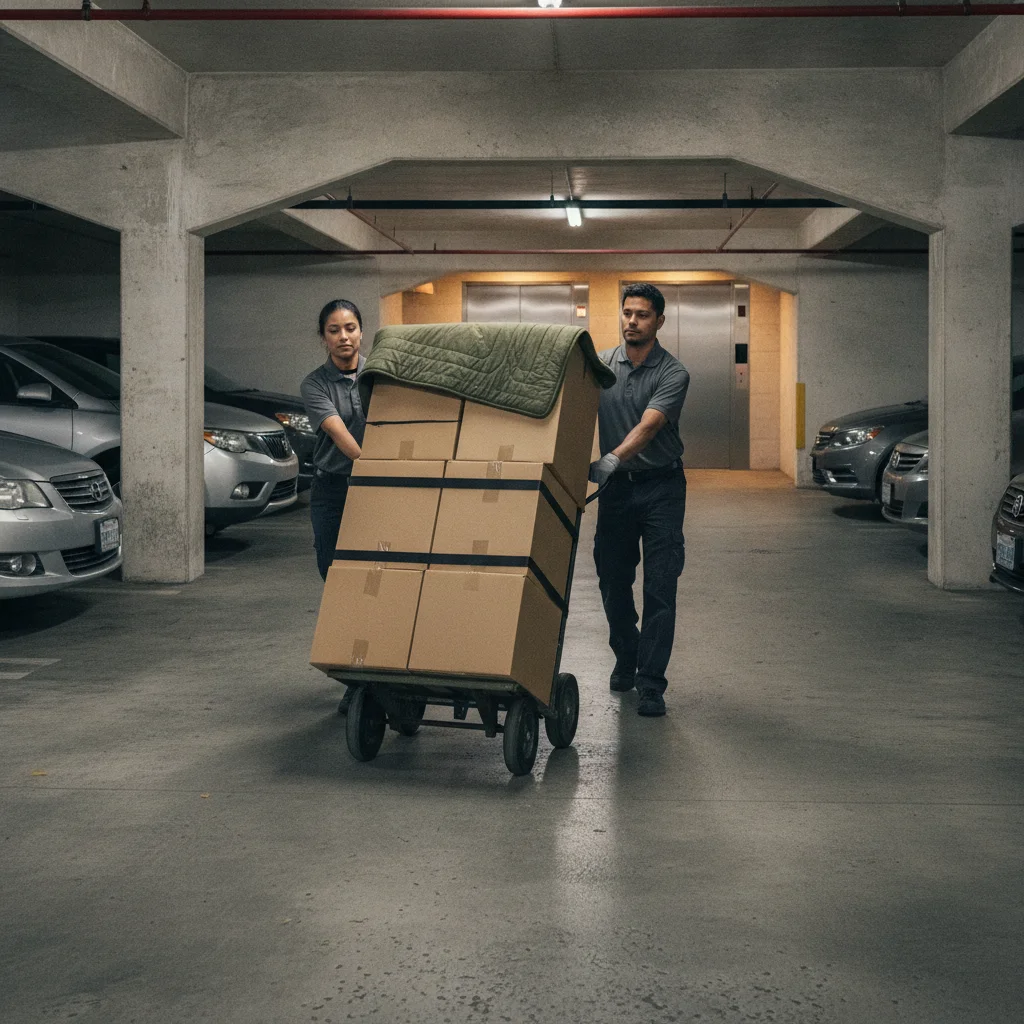 Movers taking boxes through a concrete parking garage