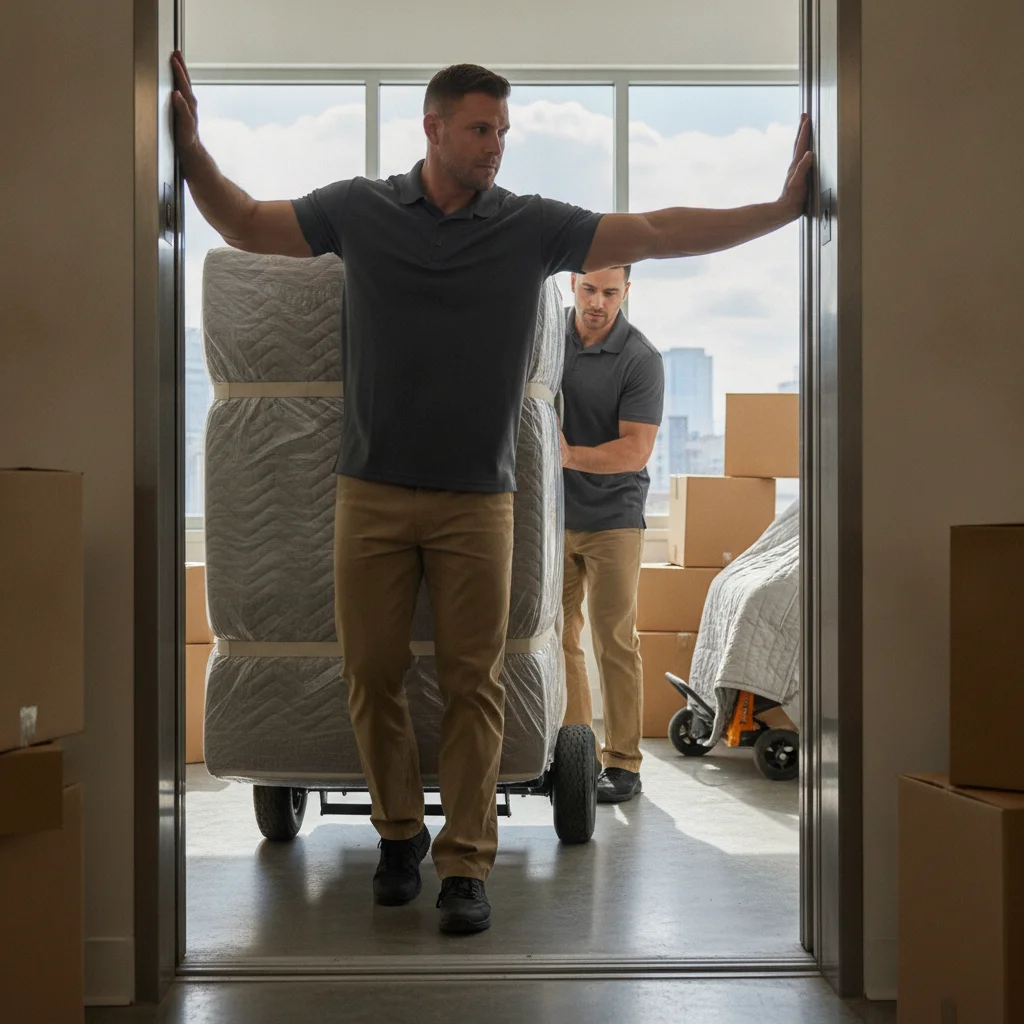 Movers guiding a wrapped mattress into an elevator