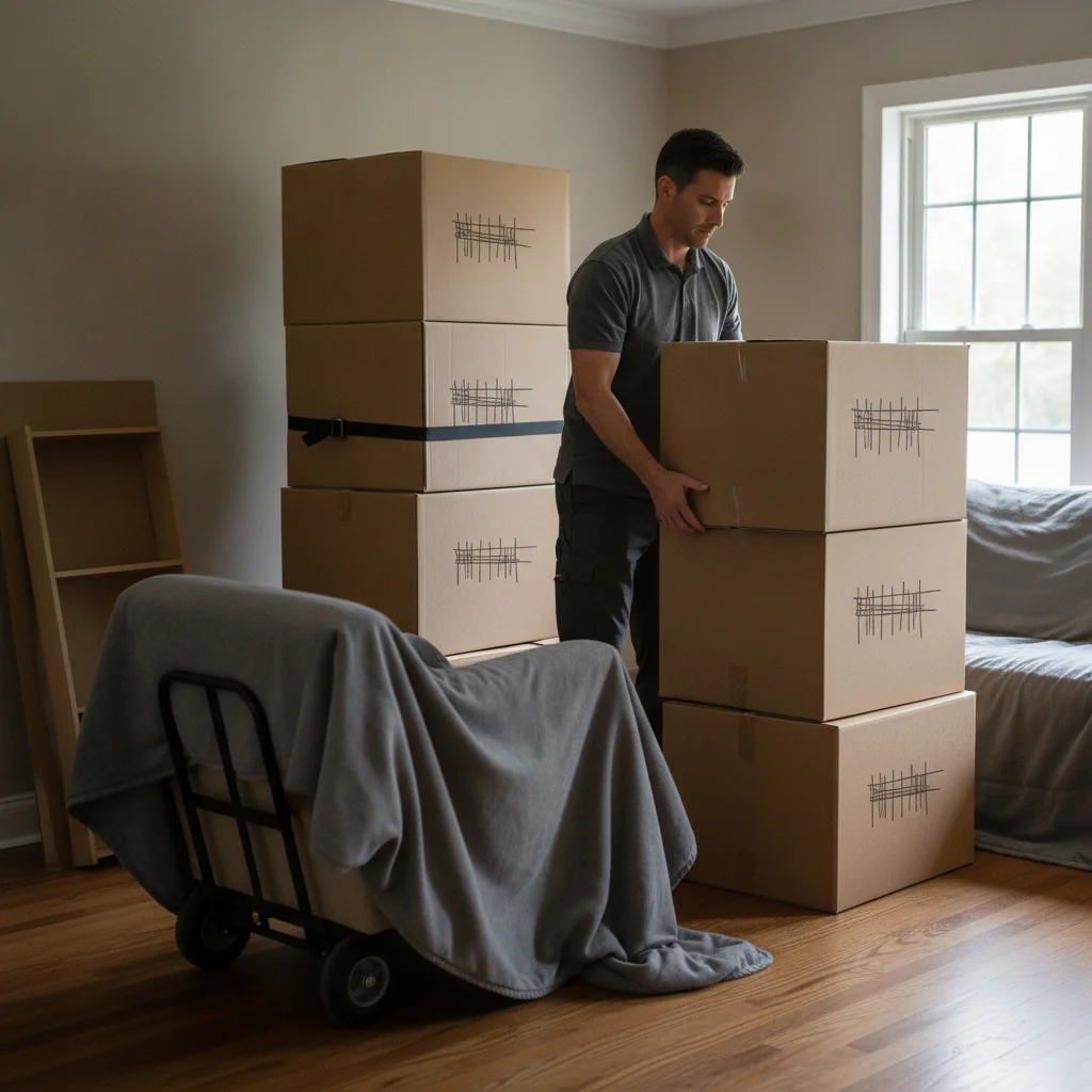 Homeowner restacking labeled boxes in a half-packed living room