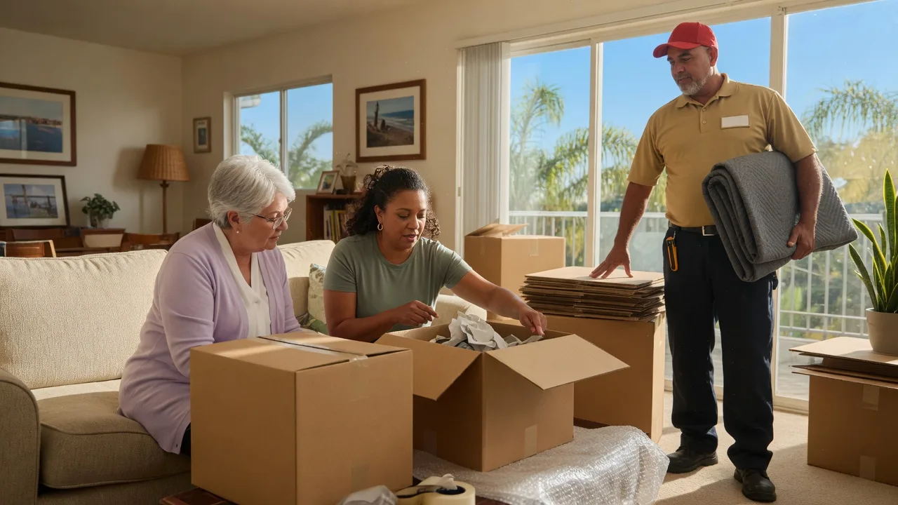 Older adult and family member reviewing plain moving boxes with a mover