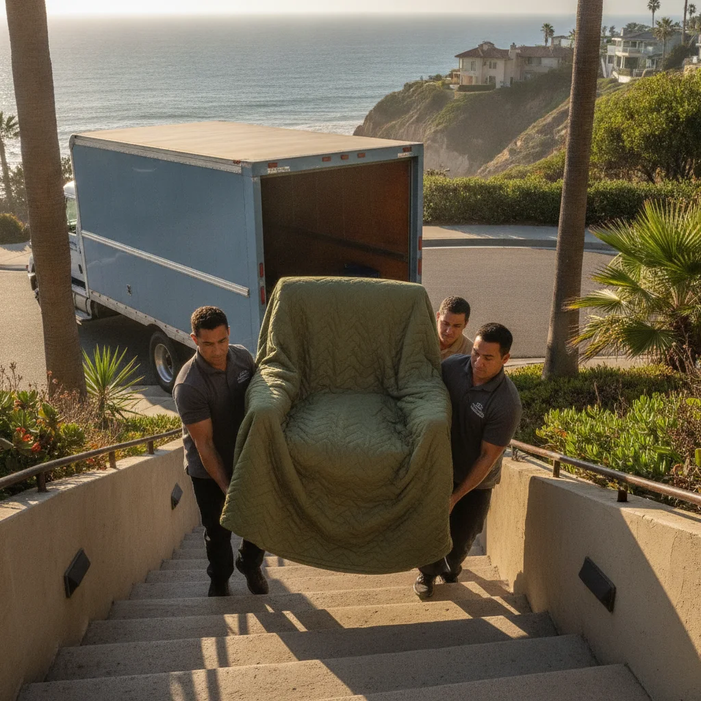 Movers carrying a wrapped armchair up exterior steps in Del Mar