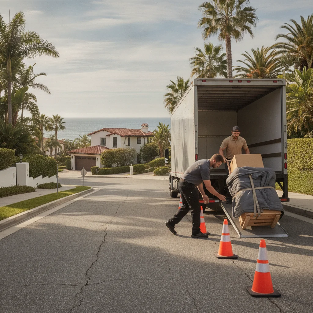 Mover placing cones behind an unbranded truck on a coastal street