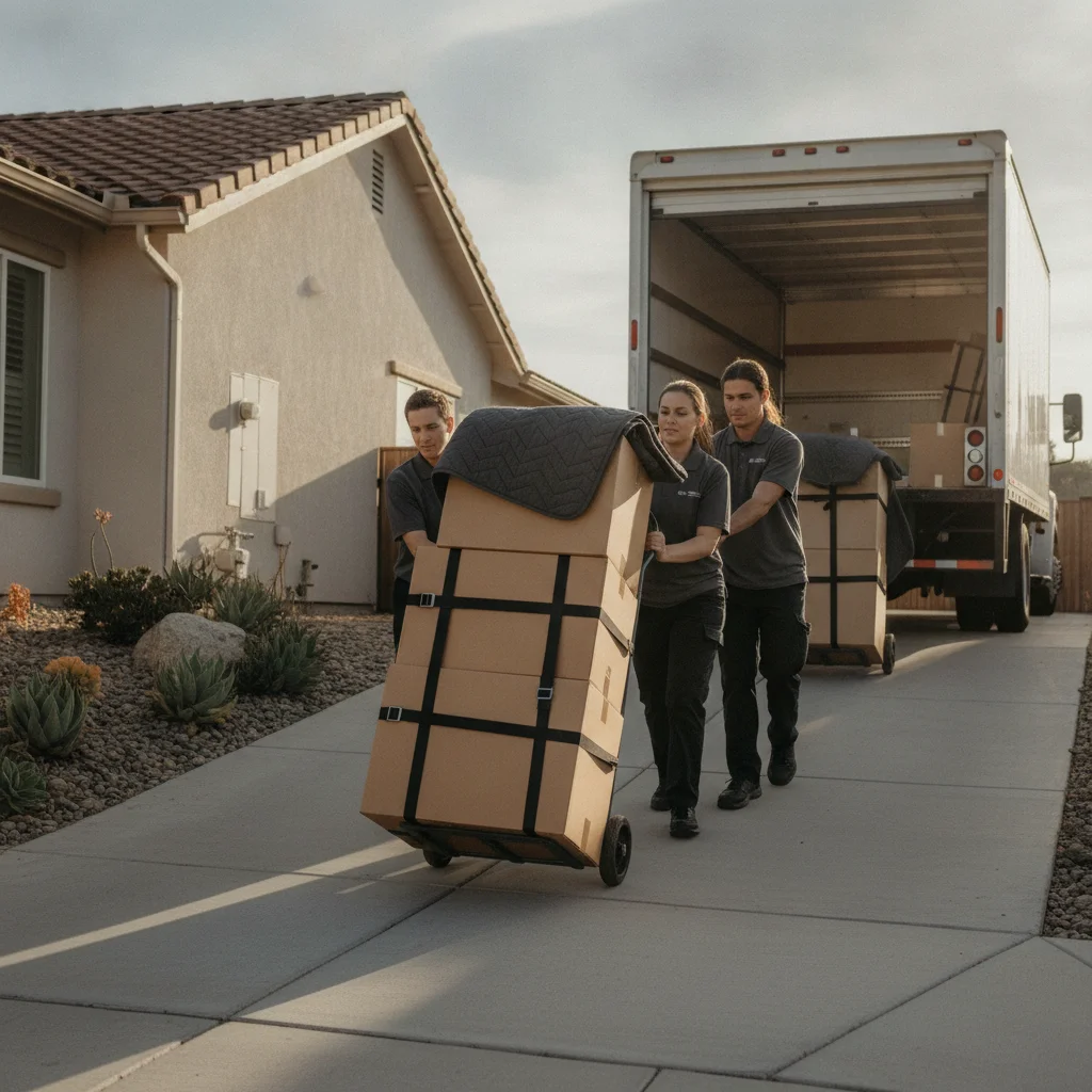 Movers guiding boxed items down a sloped driveway in El Cajon