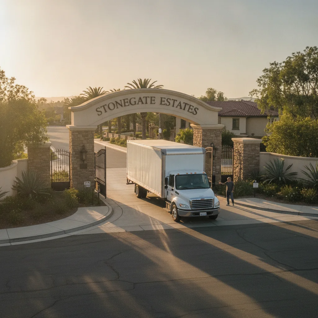 Unbranded moving truck approaching a gated 4S Ranch community