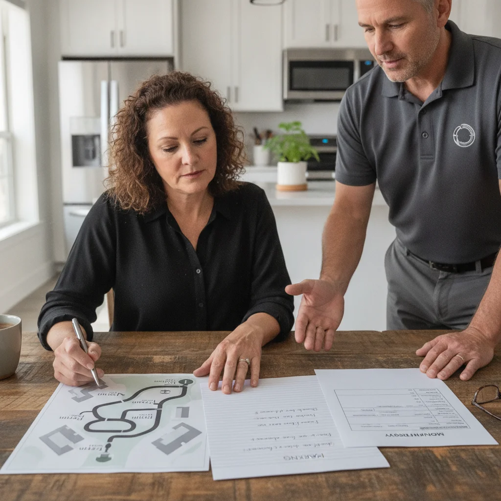Close editorial view of a homeowner reviewing a gate map, parking notes, and mov