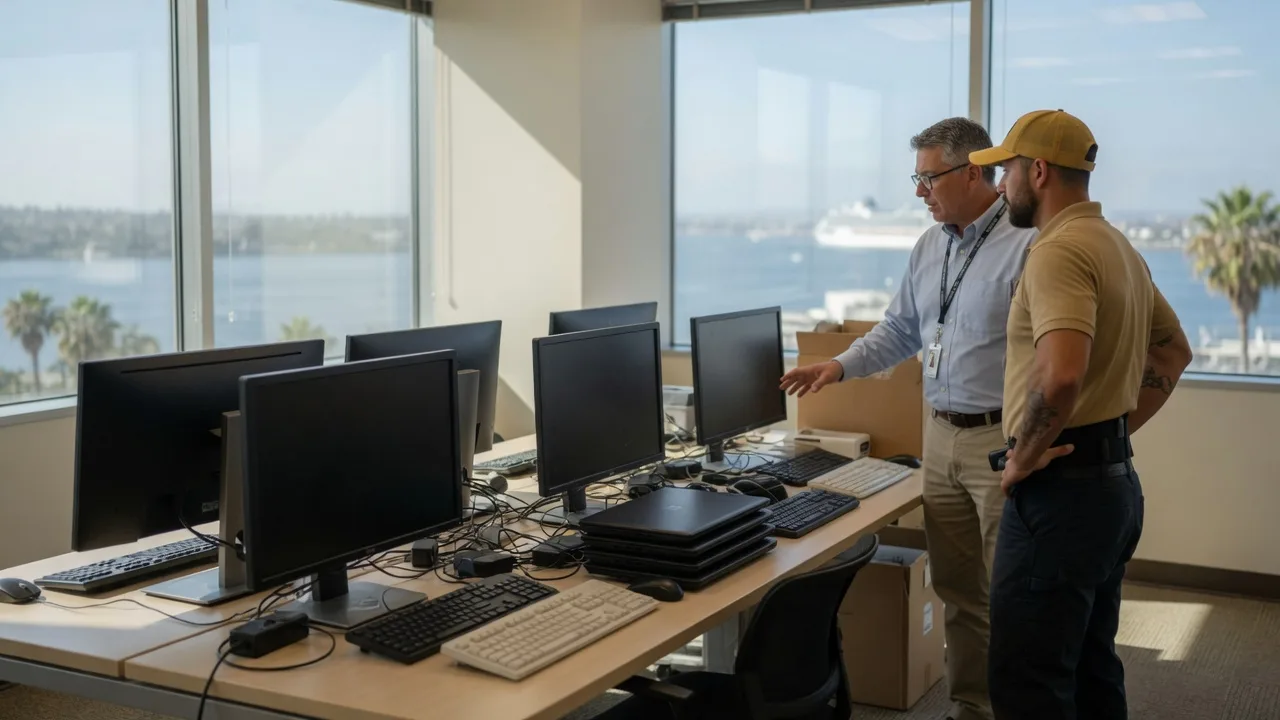 Office manager and mover reviewing unplugged monitors and computers before a relocation