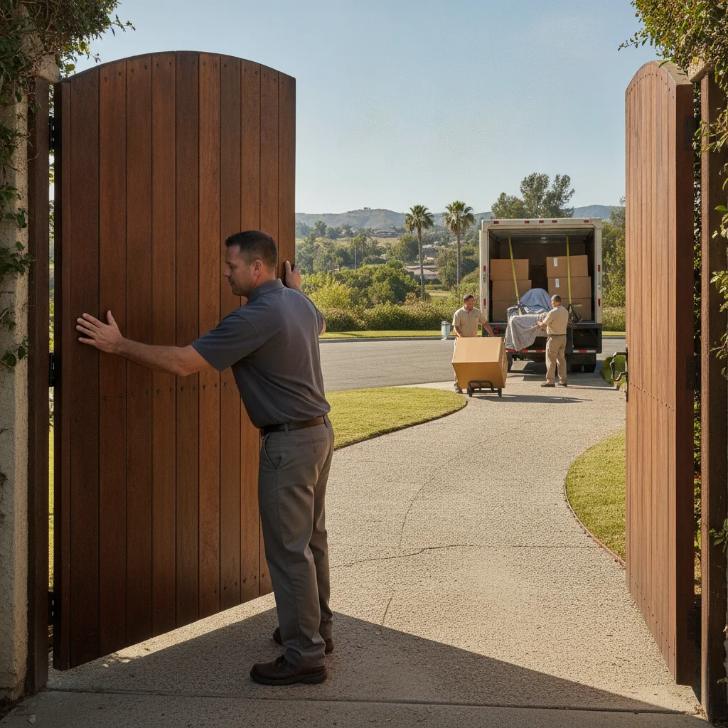 Mover opening a wooden gate beside a Poway driveway
