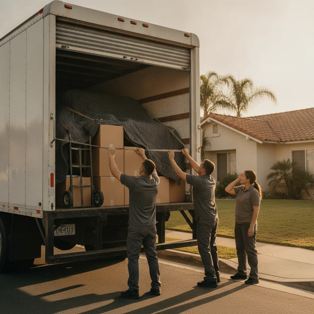 Movers closing an unbranded truck outside a Southern California home