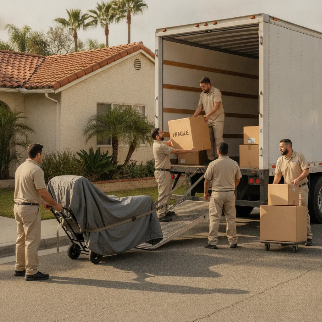 Independent movers loading an unbranded long-haul truck outside a San Diego
