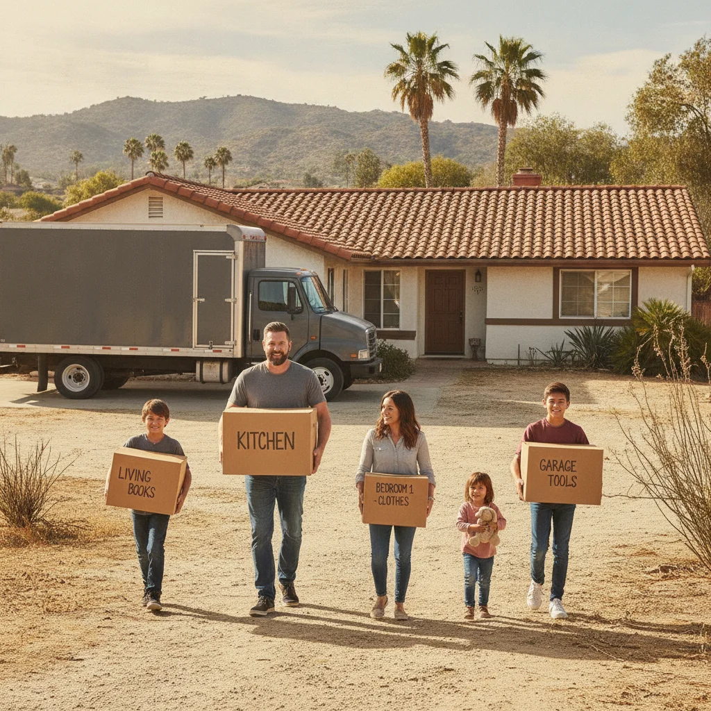 Family arriving at an Escondido home with labeled moving boxes